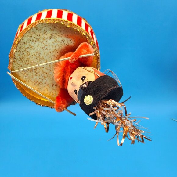 Vintage 1950s Drummer Boy Ornament Japan Foil Drum Tinsel Plume Chenille Arms - Picture 9 of 11